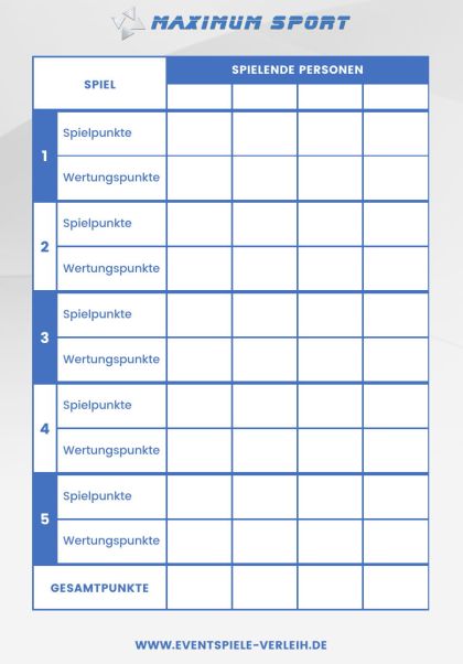 Spielkarte von Eventspiele Verleih – A6-Karte mit Punktetabelle für fünf Spiele